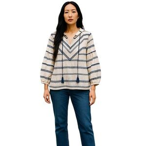 J. McLaughlin Womens Size XS White Blue Embroidered Peasant Blouse Top